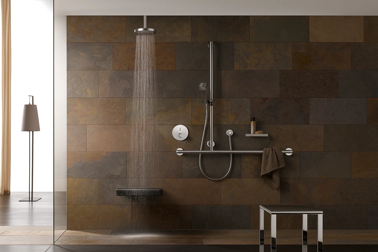Hotel shower layout with open circulation and contemporary finishes