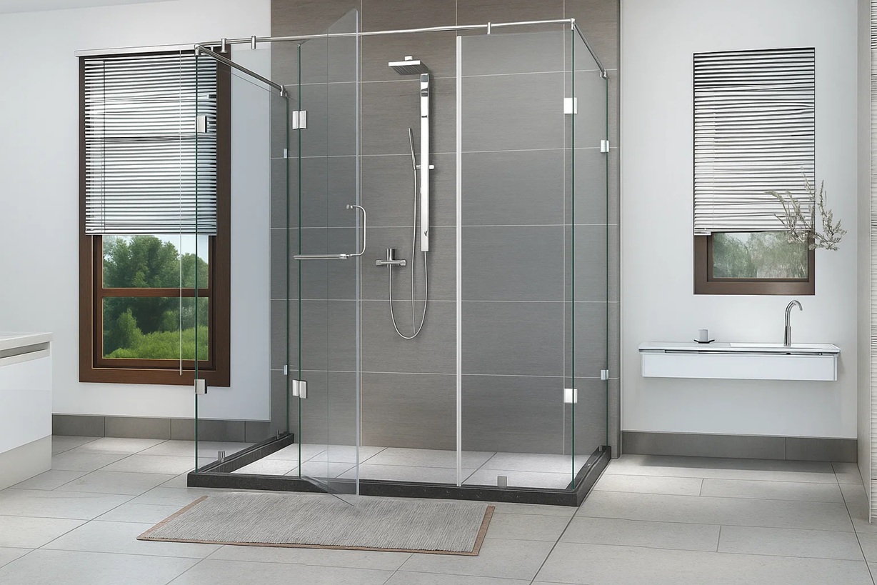 Hotel bathroom layout illustrating open shower circulation