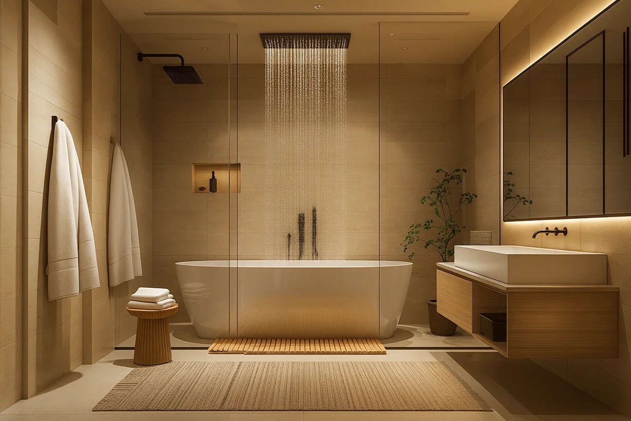 Refined hotel shower with integrated materials and accessible design character