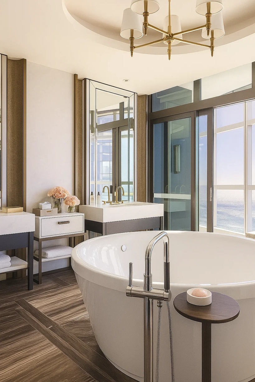 Soft ambient lighting in luxury bathroom