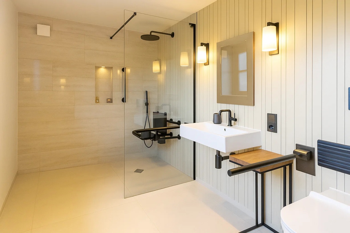 Accessible hotel bathroom planning with open shower area