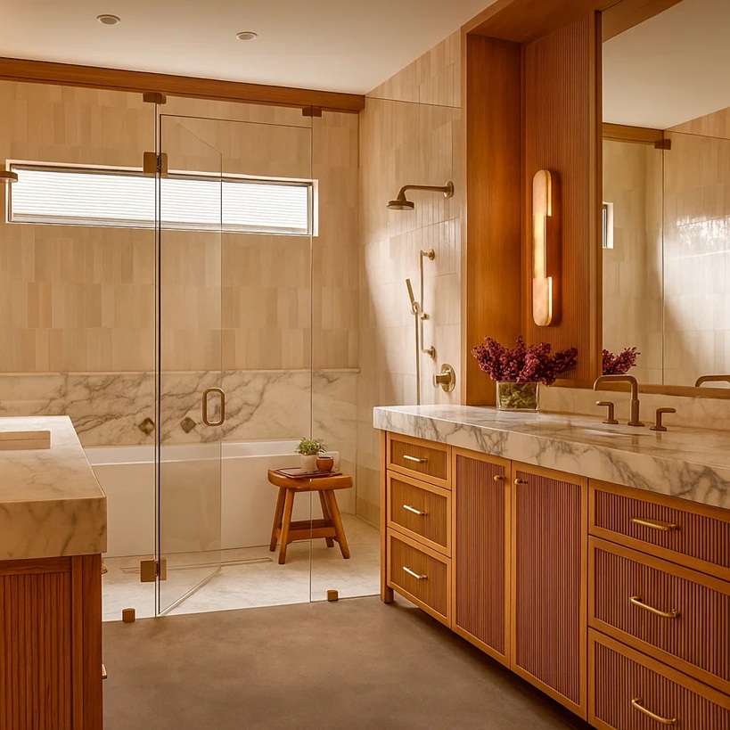 Warm oak accents in bathroom