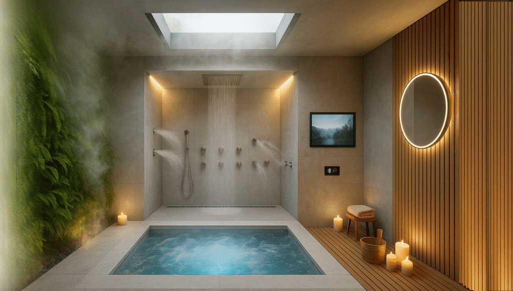 Wide spa shower system concept with multiple outlets