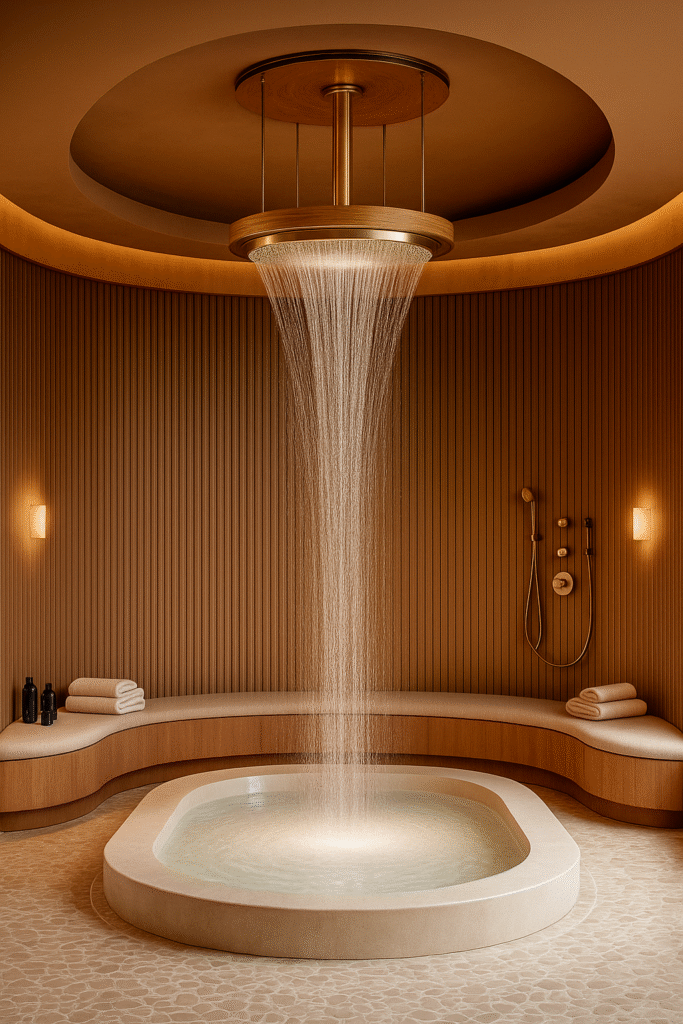 Elegant hospitality shower with glass enclosure and rainfall head