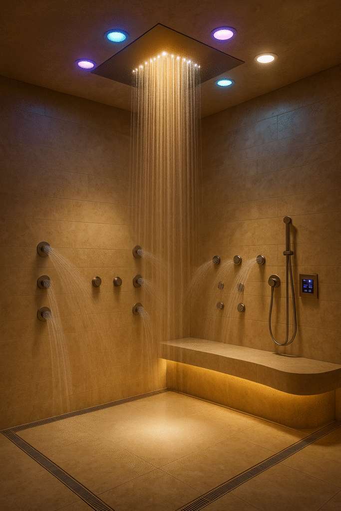 Modern hospitality bathroom with glass enclosure and rainfall shower