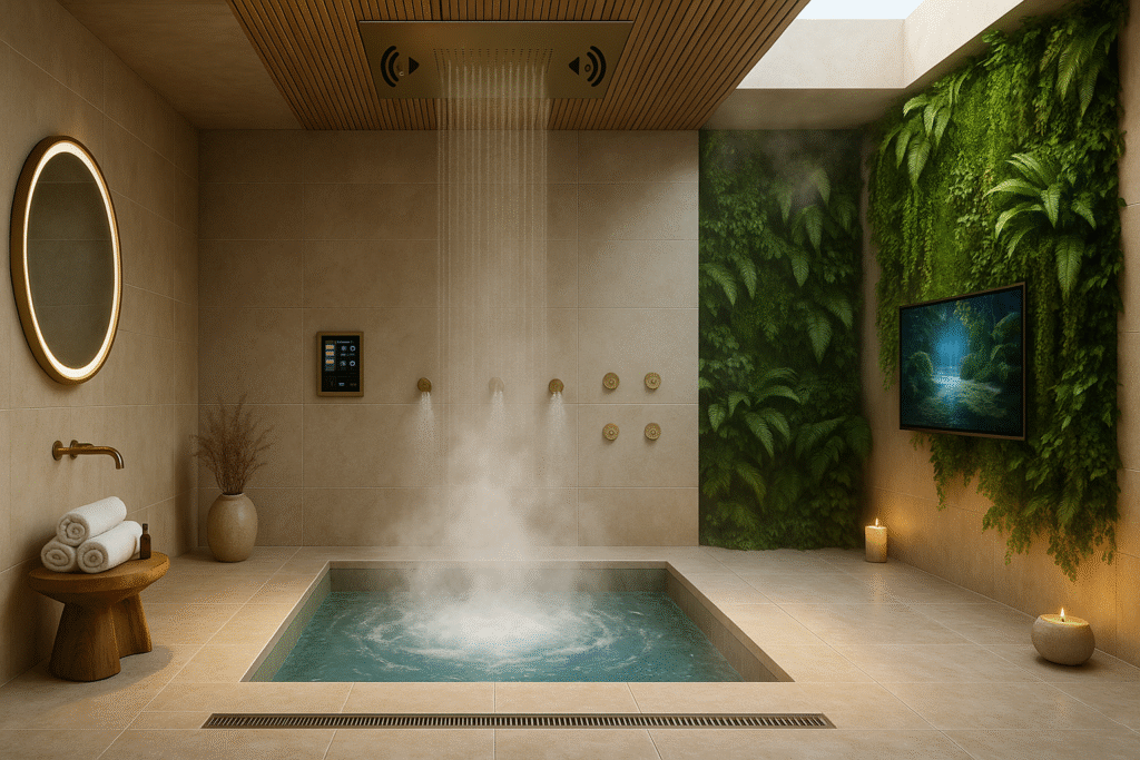 Premium rainfall shower with integrated lighting in hospitality bathroom