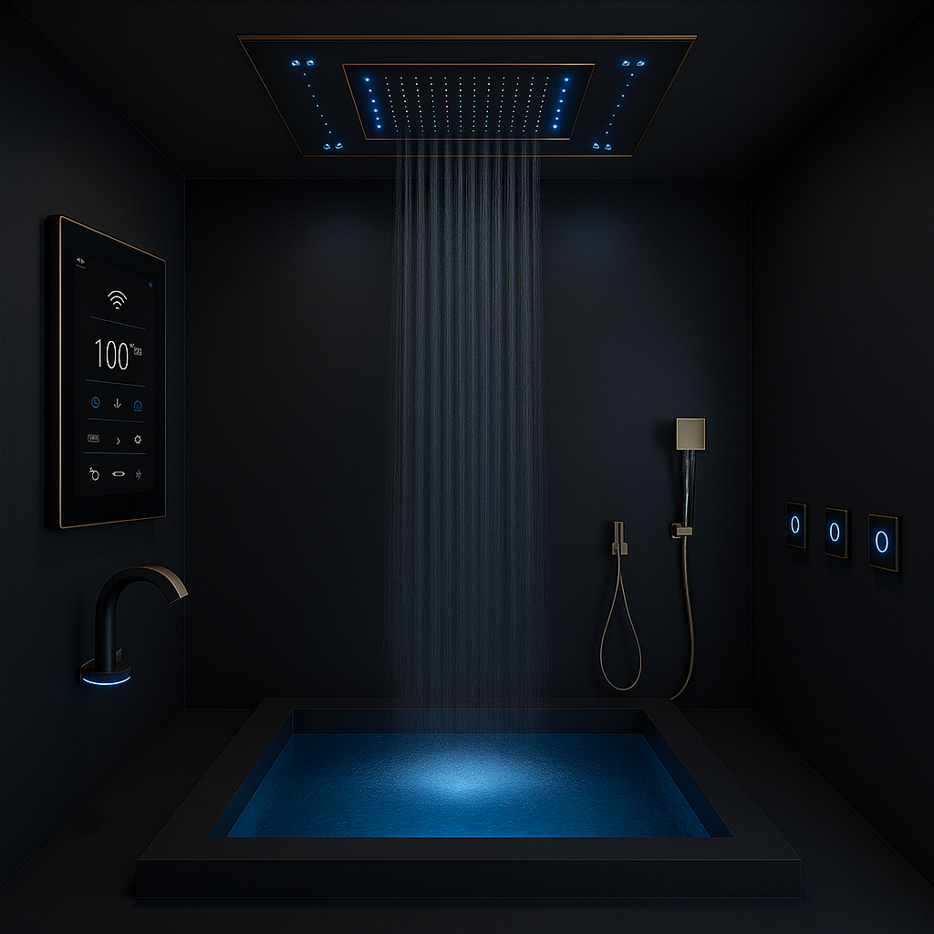 Complete LED head spa system layout with ceiling head and controls