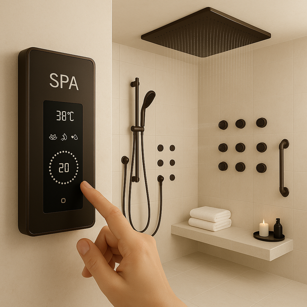 Large hospitality spa shower concept with integrated ceiling system