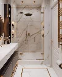 Shower with patterned tile and rainfall head