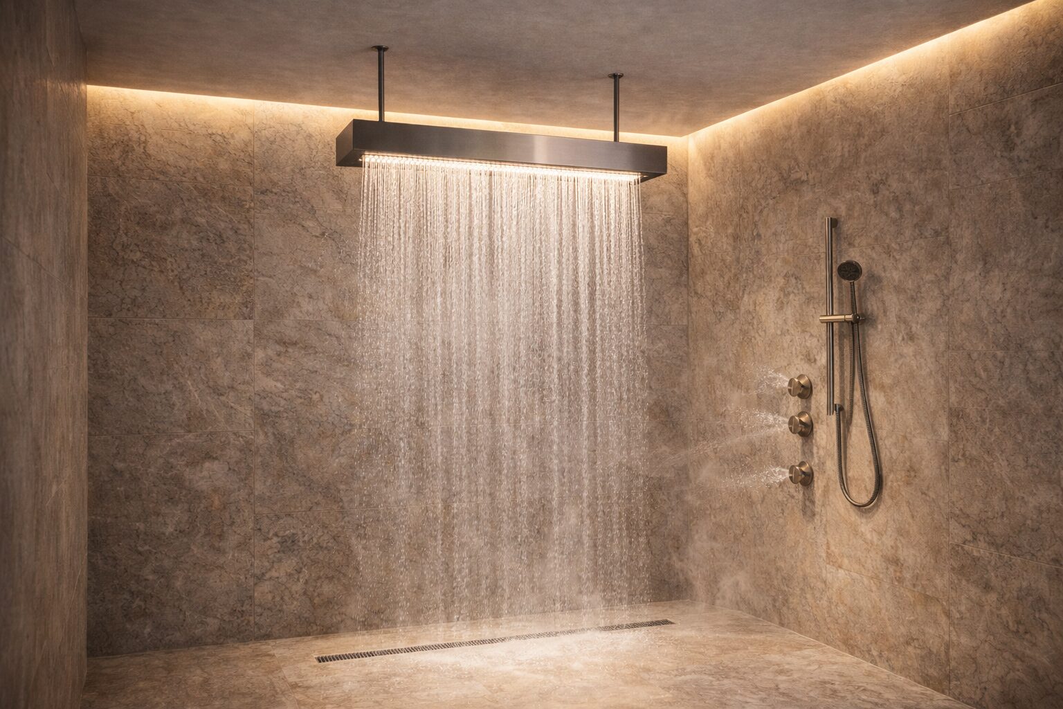Luxury hospitality shower with open layout, soft lighting, and contemporary materials