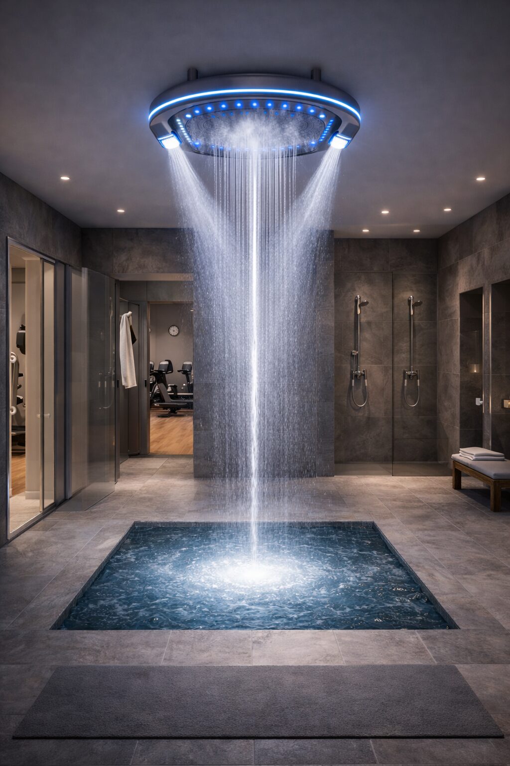 Spa-inspired hotel shower with overhead rainfall fixture