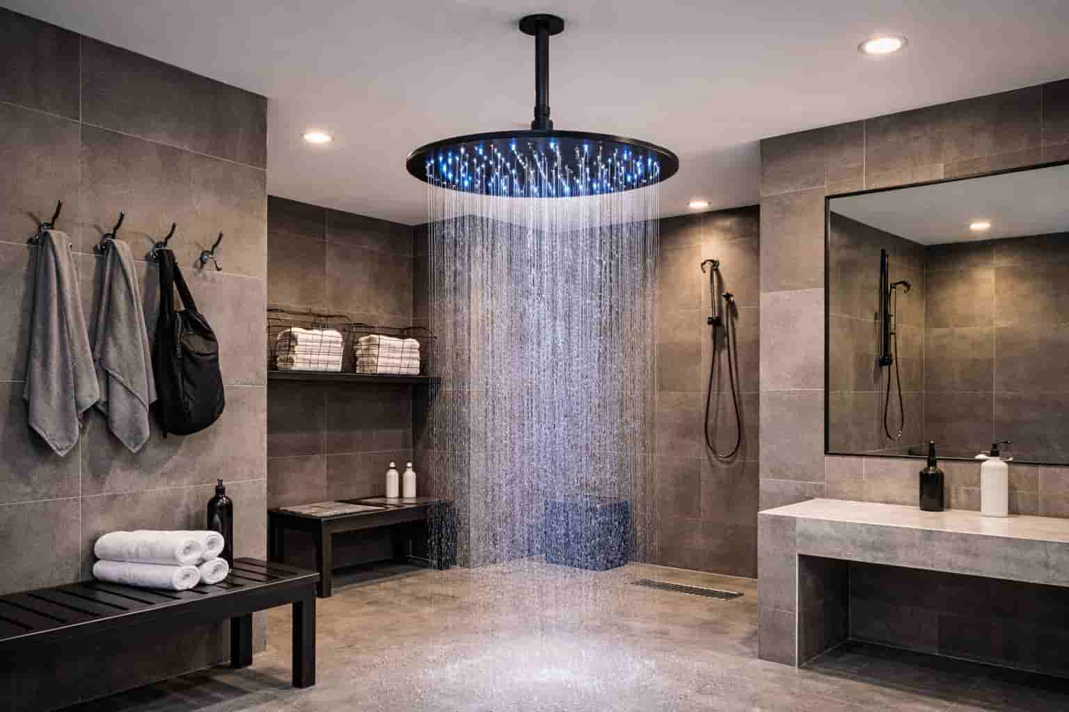 Modern thermostatic shower panel with rainfall head and hand shower in a luxury bathroom