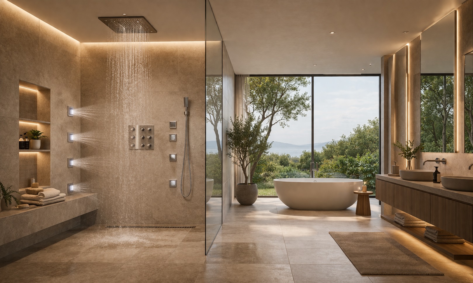 Eco-friendly hotel shower with low-flow shower head and water-saving fixture details