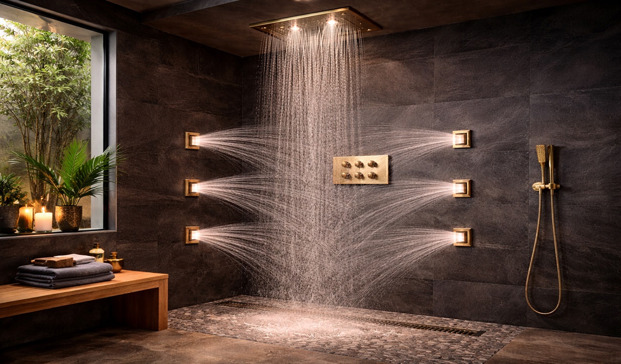 Side-by-side hospitality shower brand comparison with valves, shower heads, and finish samples