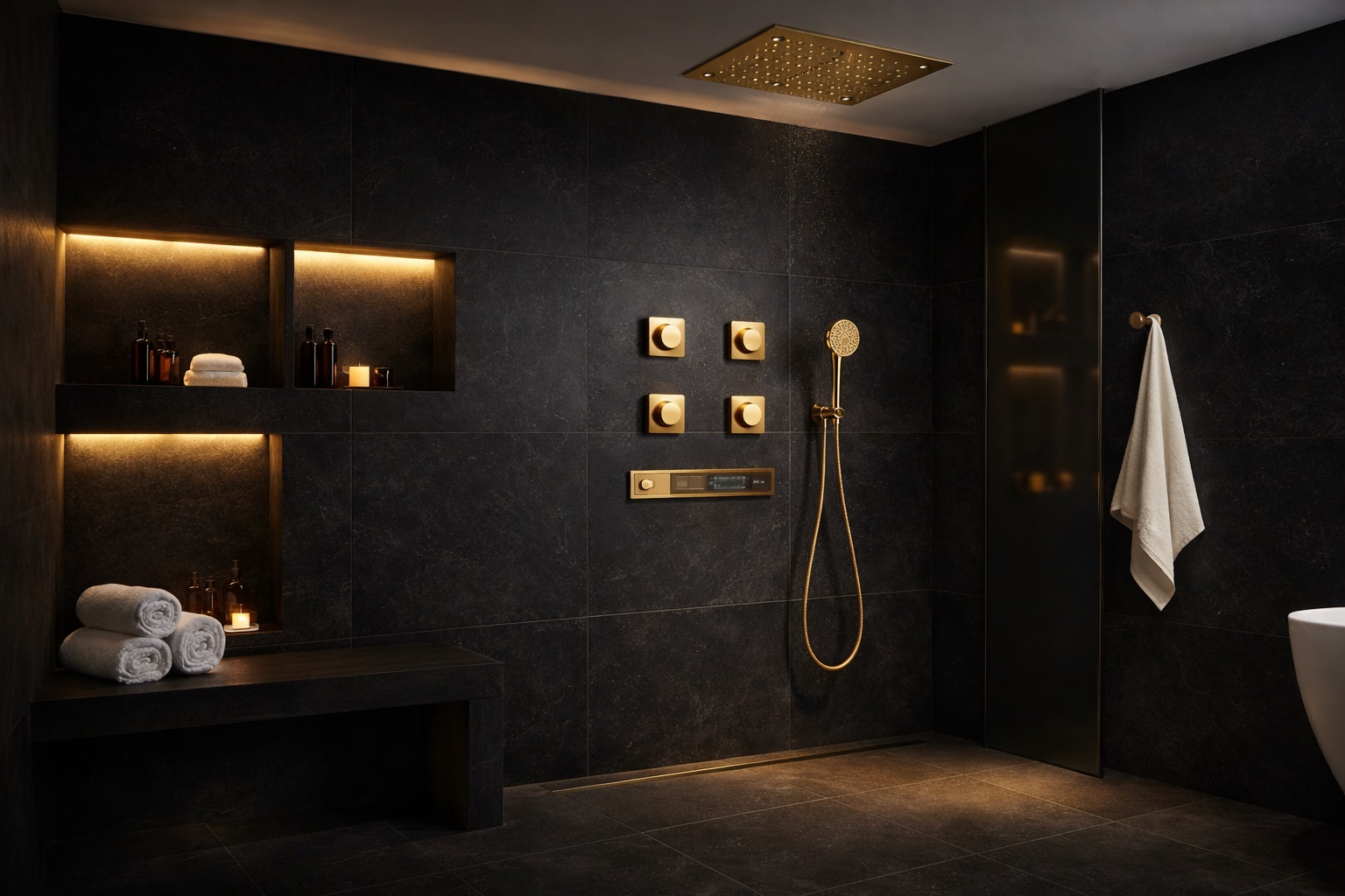 Water-conscious rainfall shower in a modern hotel bathroom