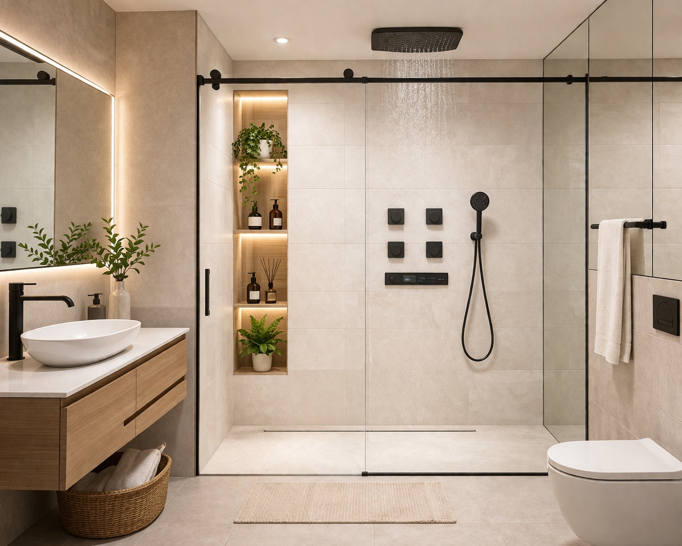 Luxury hotel bathroom with modern shower and clean blue-white interior design