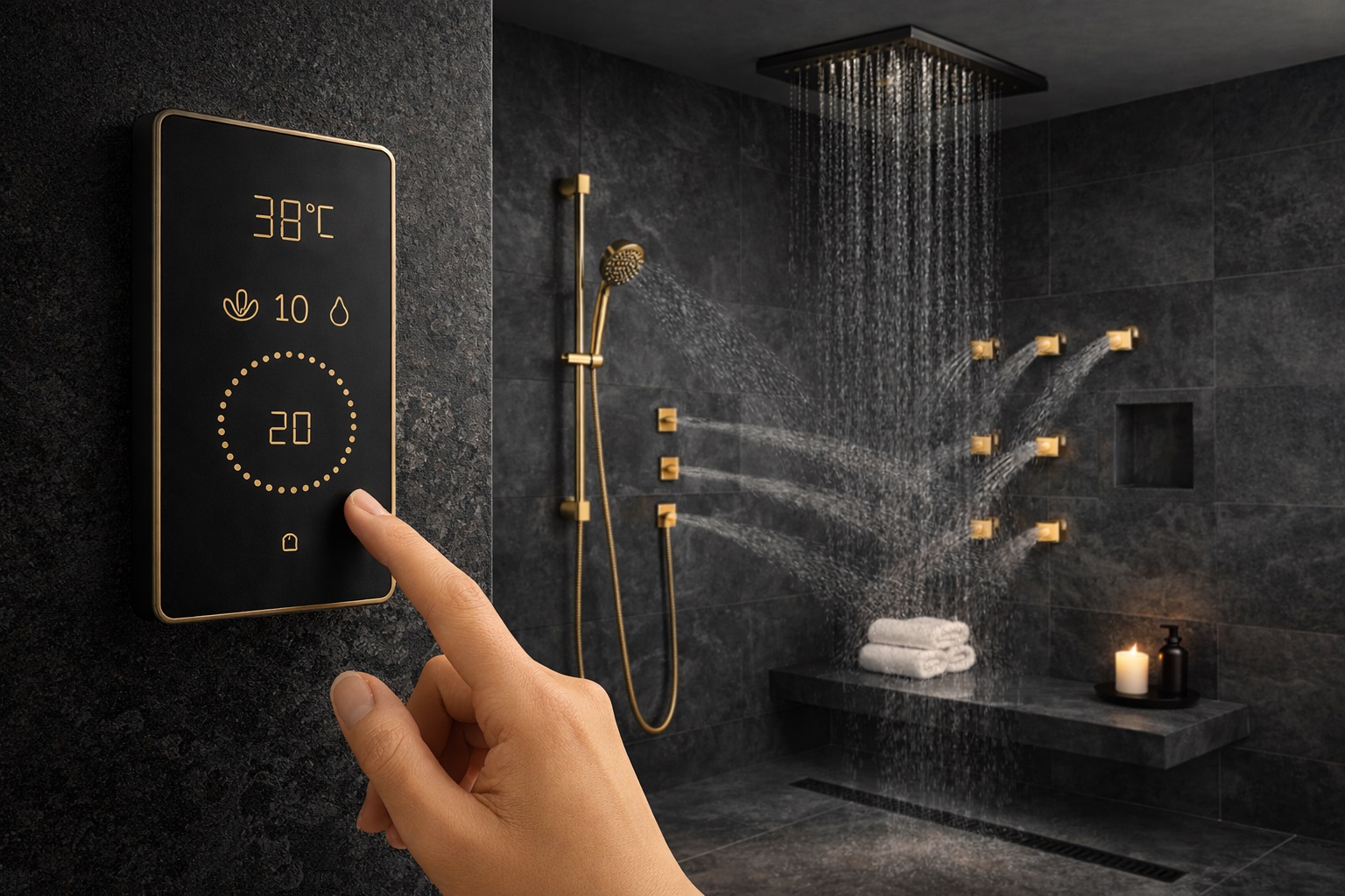 Accessible hotel shower with grab bars, bench, low threshold, and inclusive layout