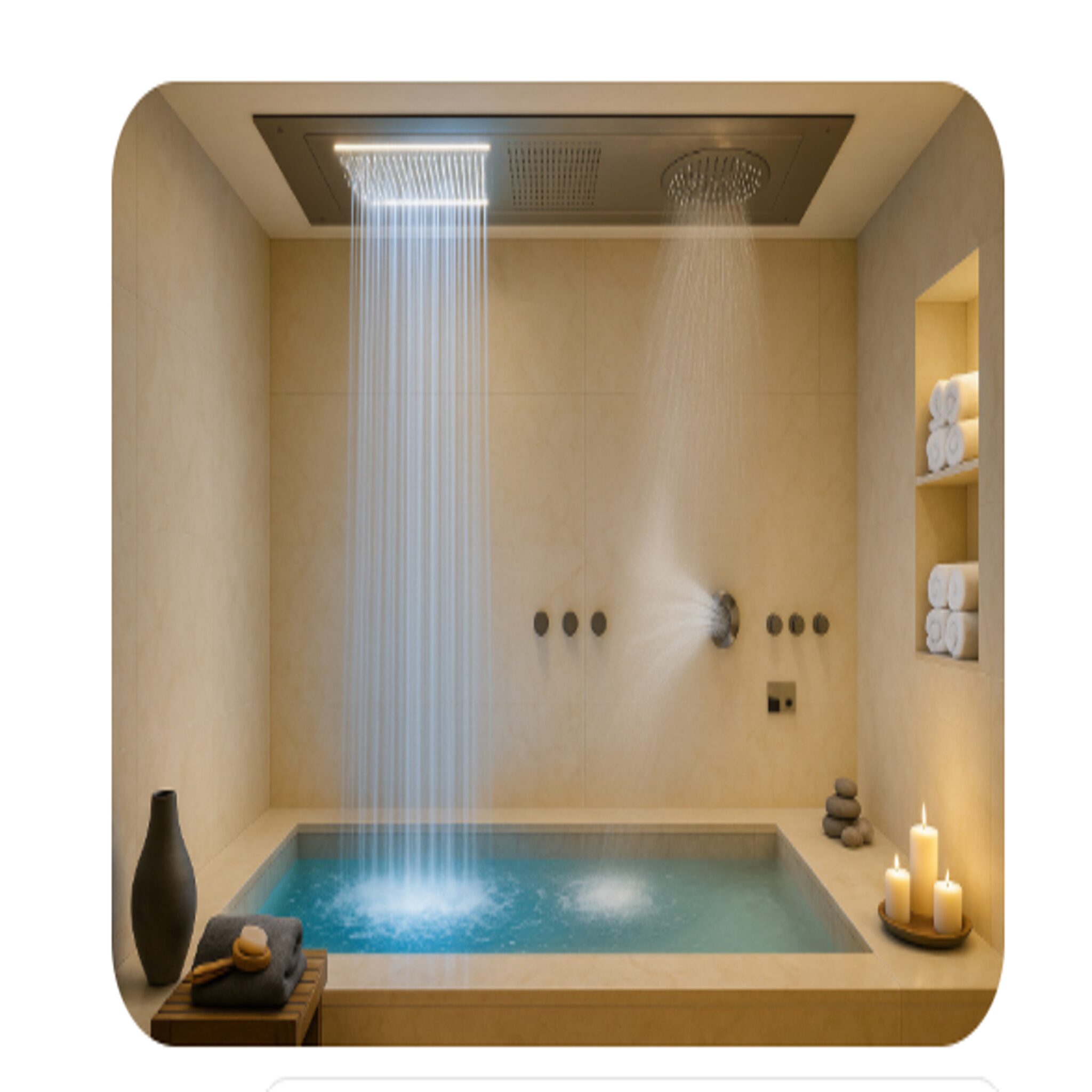 Modern hospitality shower suite with glass enclosure, blue-toned tile, and rainfall fixture