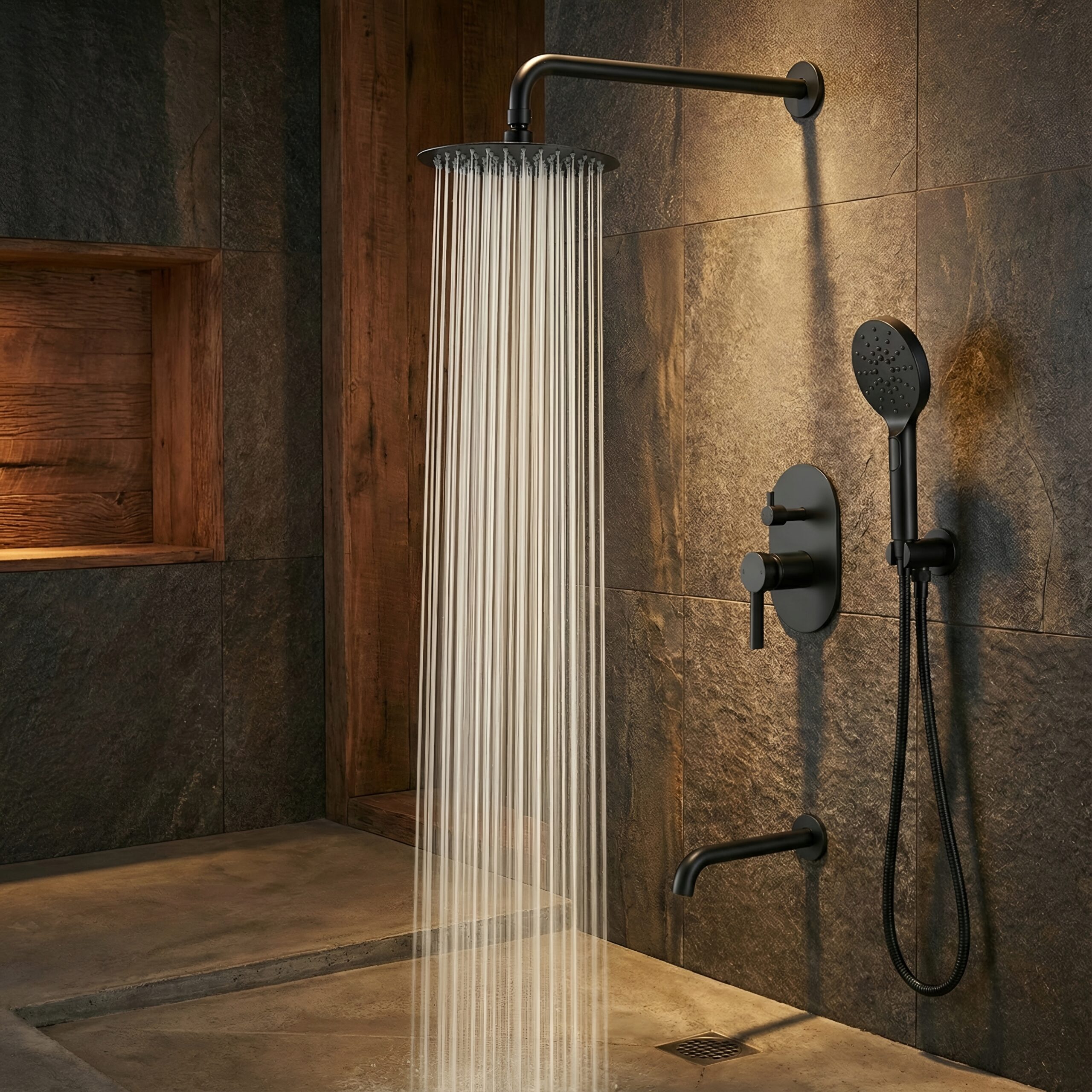 Spa hospitality shower with rainfall fixture and calming blue tile