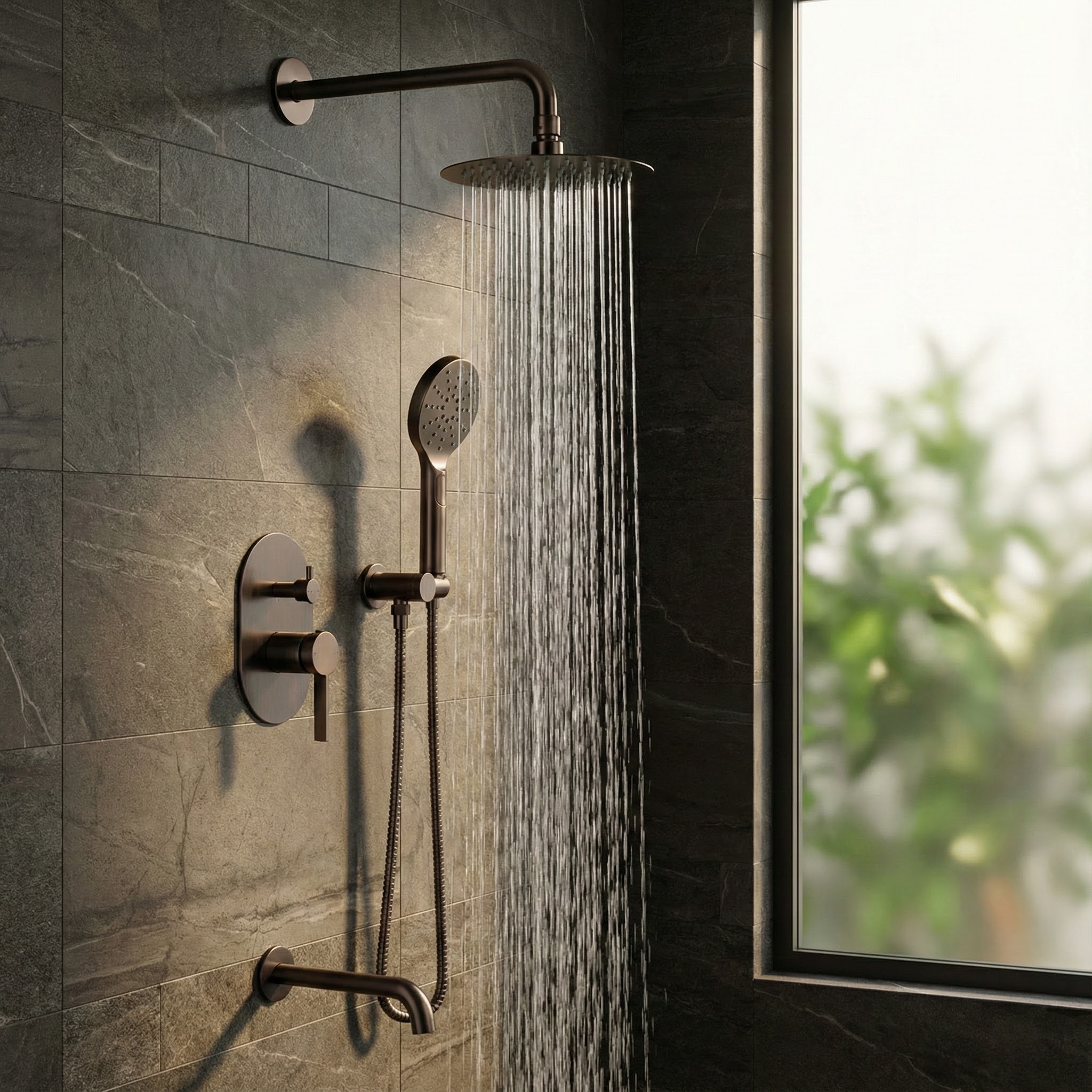 Hospitality bathroom planning desk with shower drawings, finish samples, and specification notes