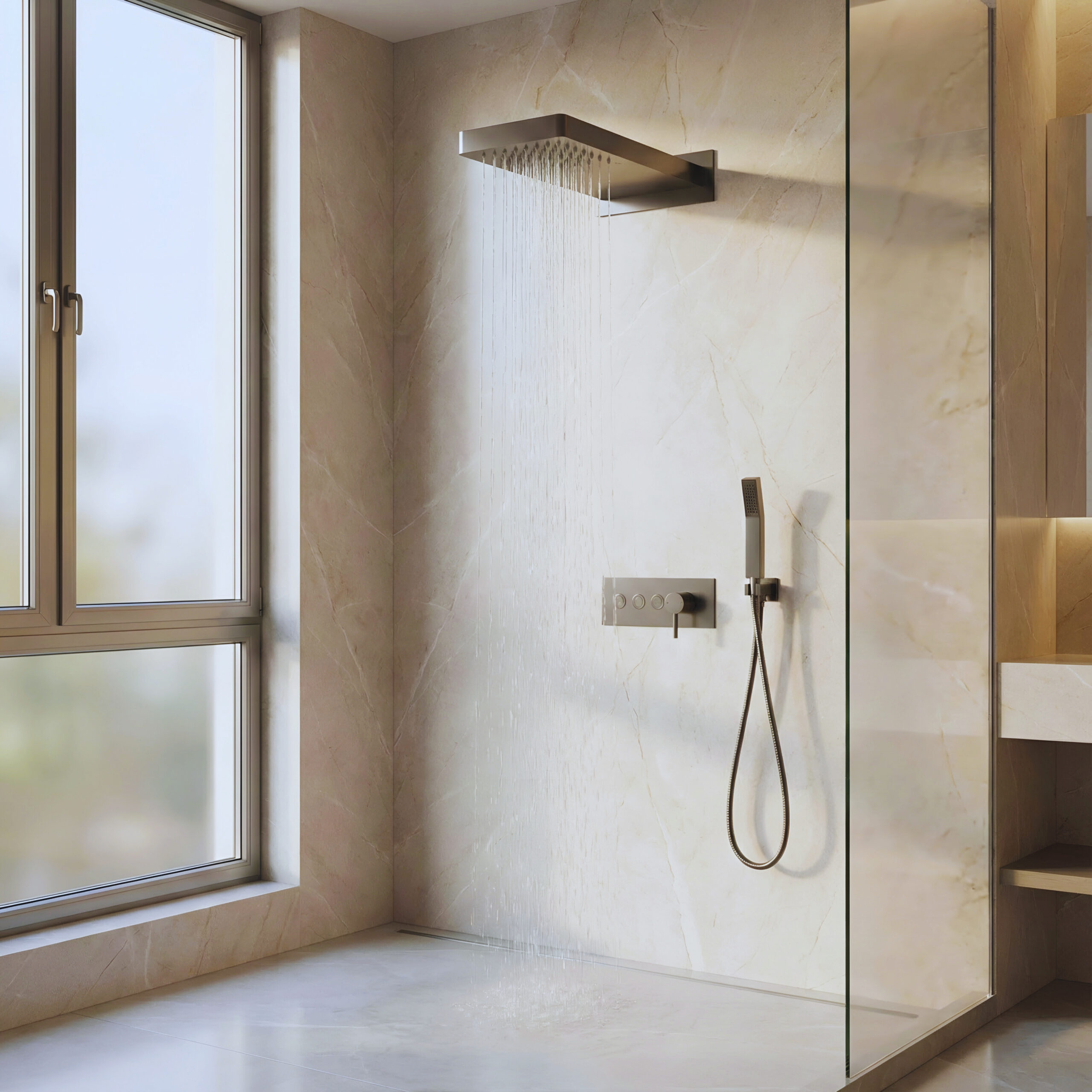 Water-saving hotel shower system with efficient showerhead and clean modern design