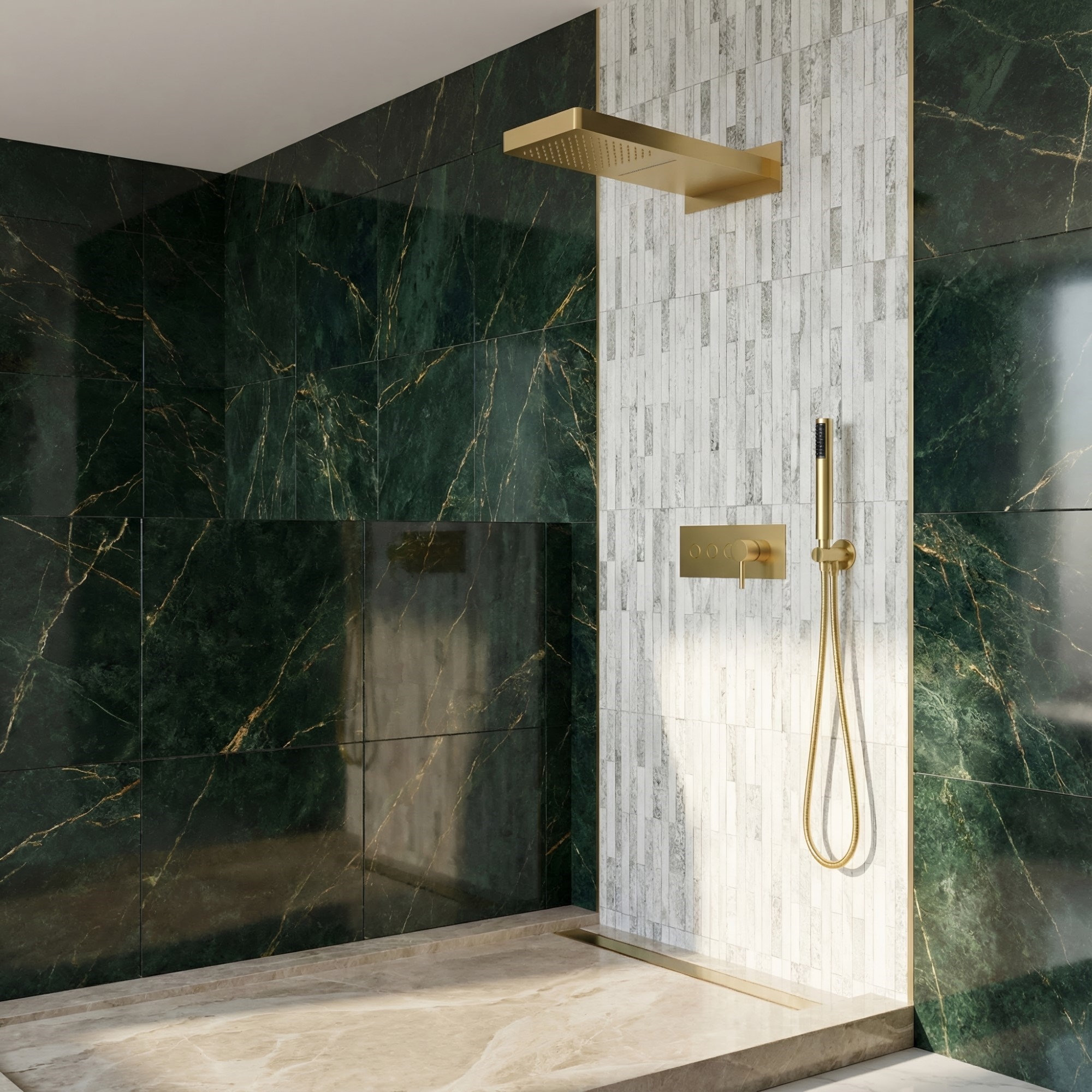 Elegant hotel bathroom shower inspiration for The Langham Chicago research example