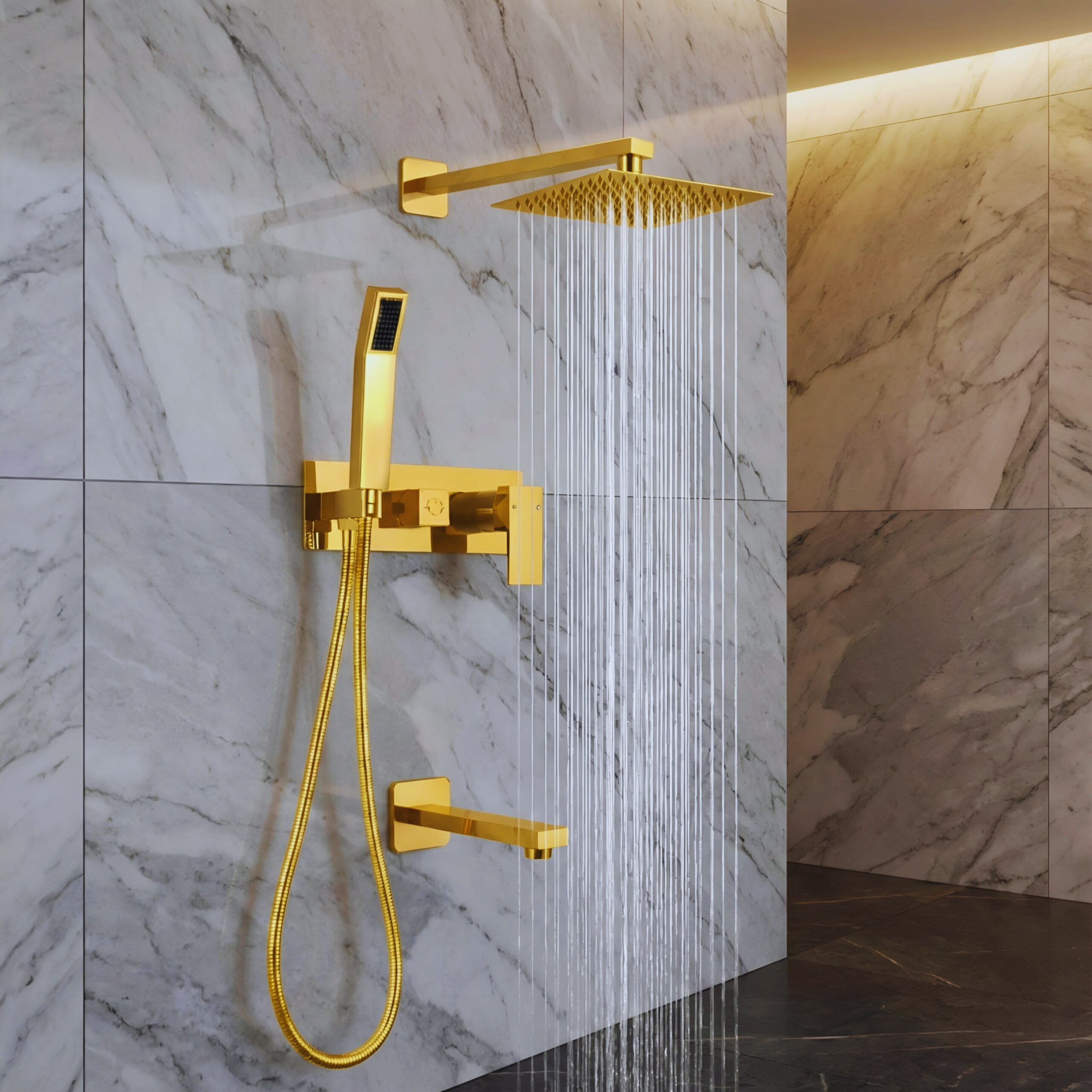 Water-saving hospitality shower with efficient fixture and simple modern enclosure