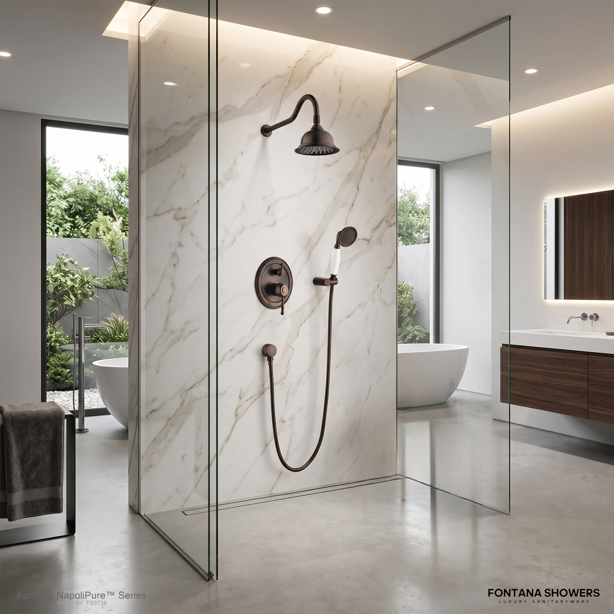 Outdoor resort shower surrounded by natural materials and hospitality landscaping