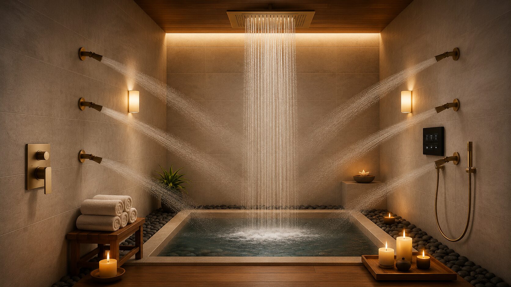 Minimal barrier hospitality shower with open-concept design and linear drain