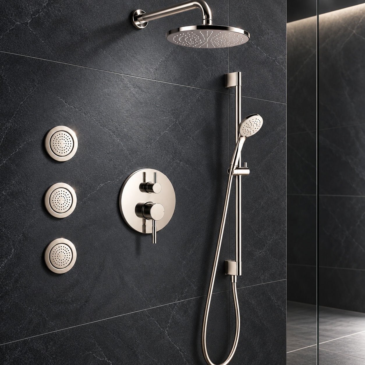 Premium spa shower system layout with overhead and handheld outlets